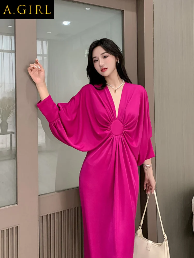 

Платье-макси с высокой талией, V-образным вырезом и рукавом «летучая мышь»