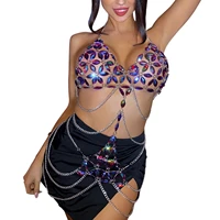 summer colorful bling crystal bra chain hollow out body chain jewelry bikini tassel tops chain for nightclub festival clothing