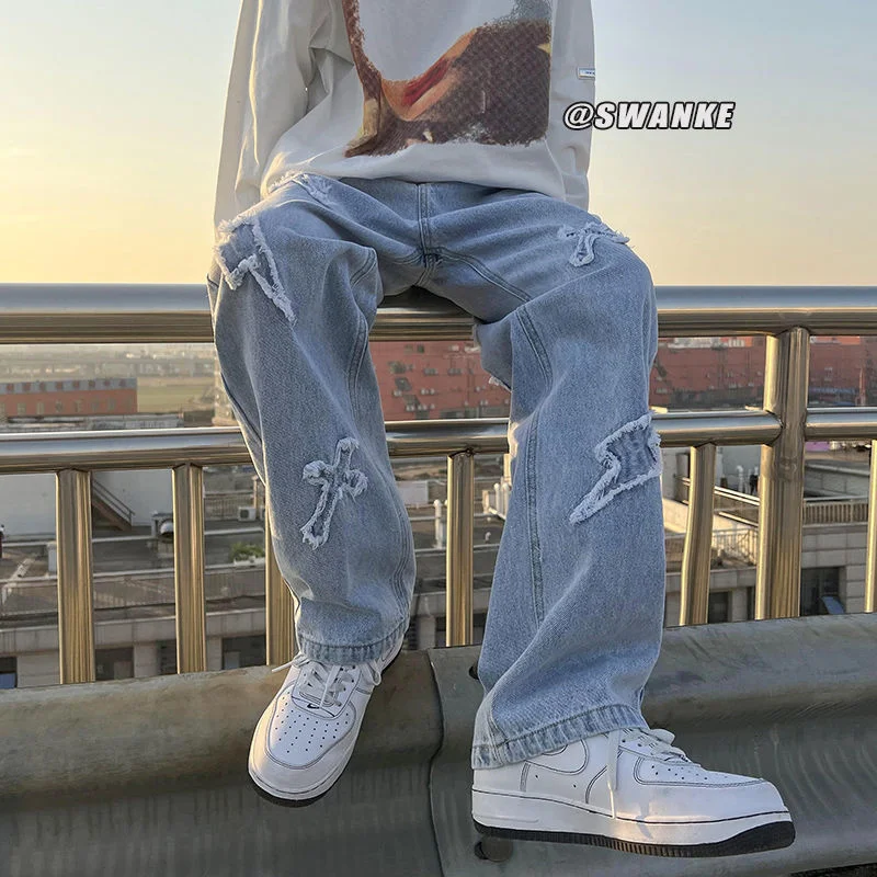 

Patch Ripped Jeans Men's Korean Casual Jeans Men's Loose Straight Jeans Men's Streetwear Retro Wide Leg Denim Trousers M-4XL