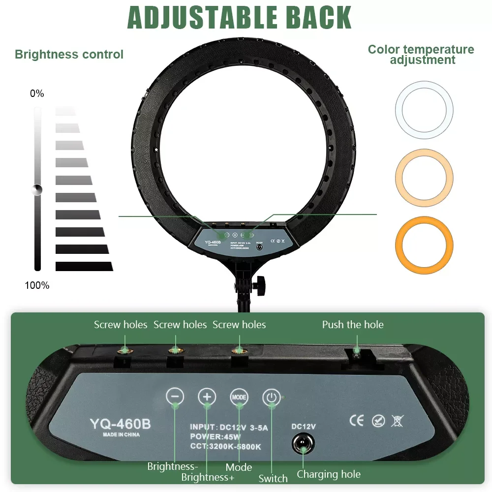

inch Photographic Ring Light LED Selfie Fill Lamp Dimmable Video Live Lighting 3200-5800K Makeup 48cm Ring Light with Remote