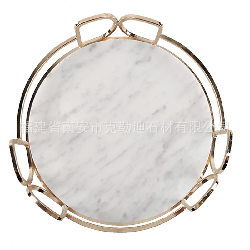 Nordic light luxury natural marble tray round metal frame storage tray kitchen living room tabletop decoration