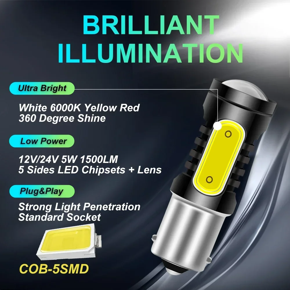 Фото 2 шт 1156 P21W светодиодный BA15S PY21W BAU15S лампочка COB 5SMD 7443 7440 W21W 3157 1157 BAY15D P21/5W для реверсивного поворотного сигнала №3