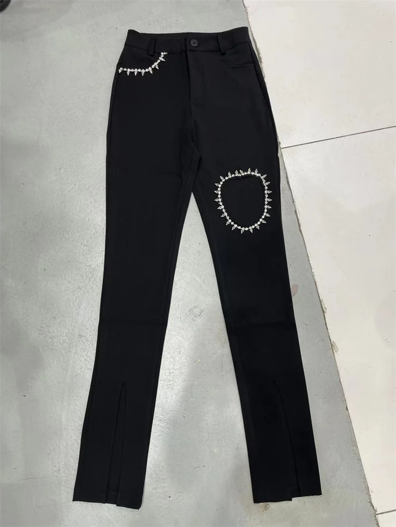 Summer new black hollow out pants for women fashion chic casual slit straight pants luxury diamonds high waist trousers female