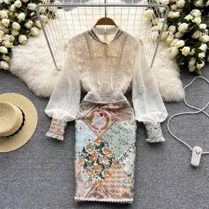 High Quality Luxury Dress Women Spring Stand Collar Long Sleeve Slim Lace Embroidery Patchwork Vintage Print Runway Pencil Dress