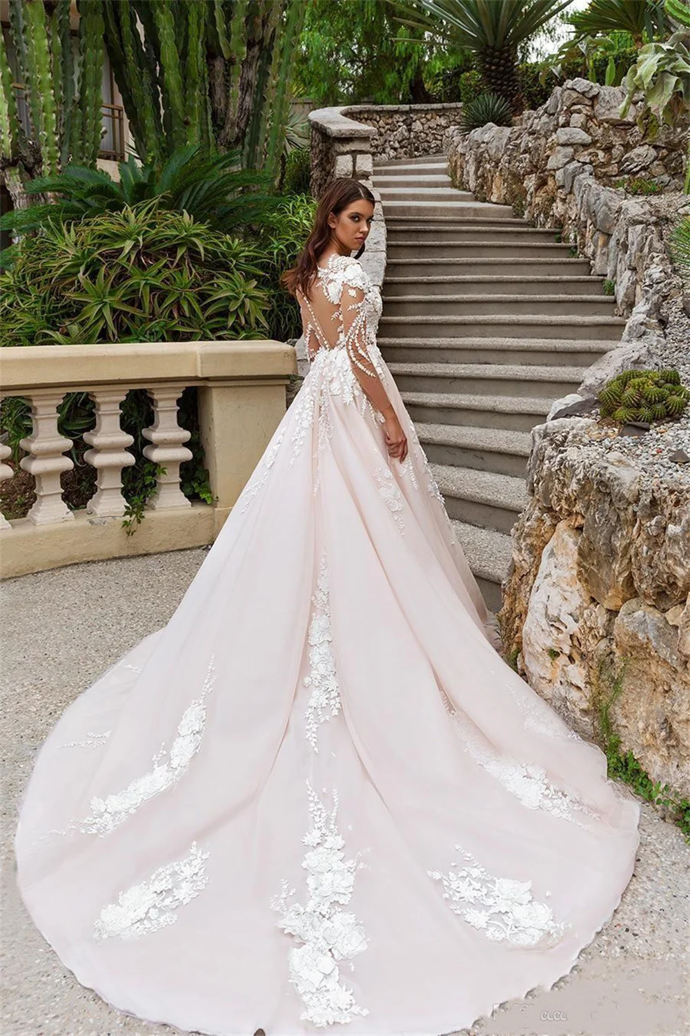 

Wedding Dress Bridal Gowns Sheer Long Sleeves V Neck Embellished Lace Embroidered Romantic Princess Blush A Line Beach