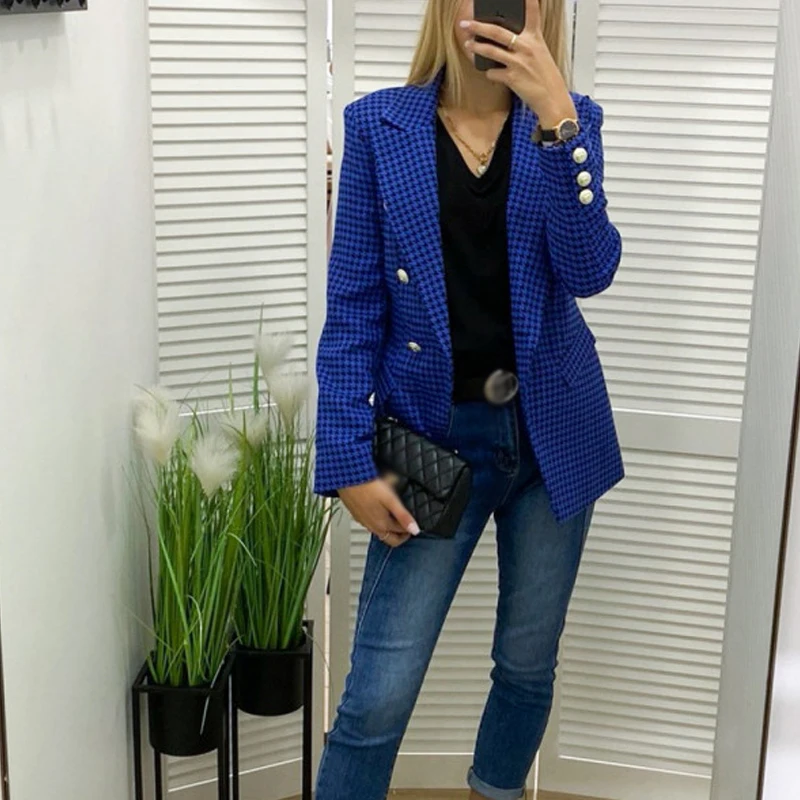 

Женский двубортный пиджак, повседневный облегающий блейзер в клетку, верхняя одежда для офиса, зима 2022
