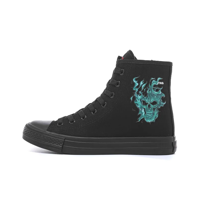 

Hand-painted shoes skull pattern handmade custom casual canvas shoes zipper short tube women's shoes 35-43