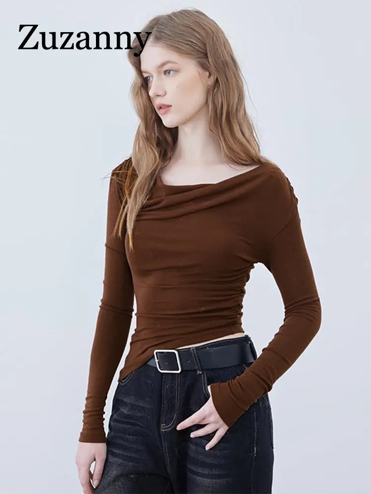 

Zuzanny Autumn Winter New Ruched Oblique Shoulder Long Sleeve T Shirts Women Solid Asymmetric Off Shoulder Crop Top Fairy Y2K