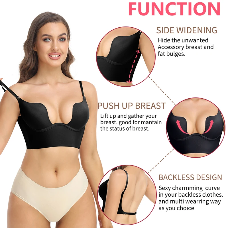 Women's Essentials Deep U Multi-Way Push Up Convertible Low Cut Plunge Bra Shapewear Underwire Seamless Padded Body Shaper