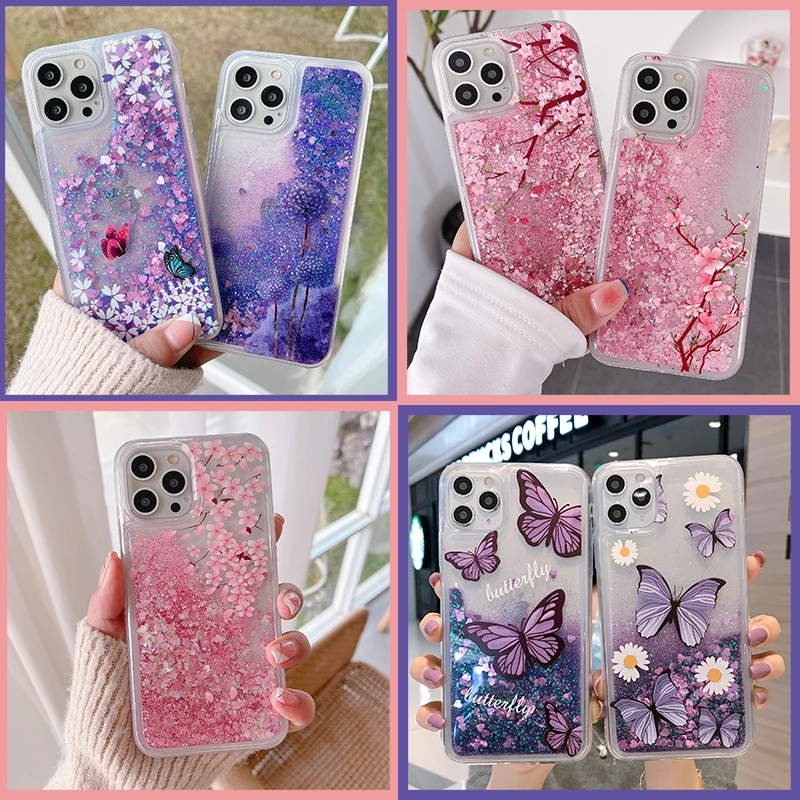 

For Samsung Galaxy A71 A51 J7 J5 J3 2017 J1 2016 J2 Core Cherry Case Butterfly Peach Blossom Flower Dynamic Quicksand Cover