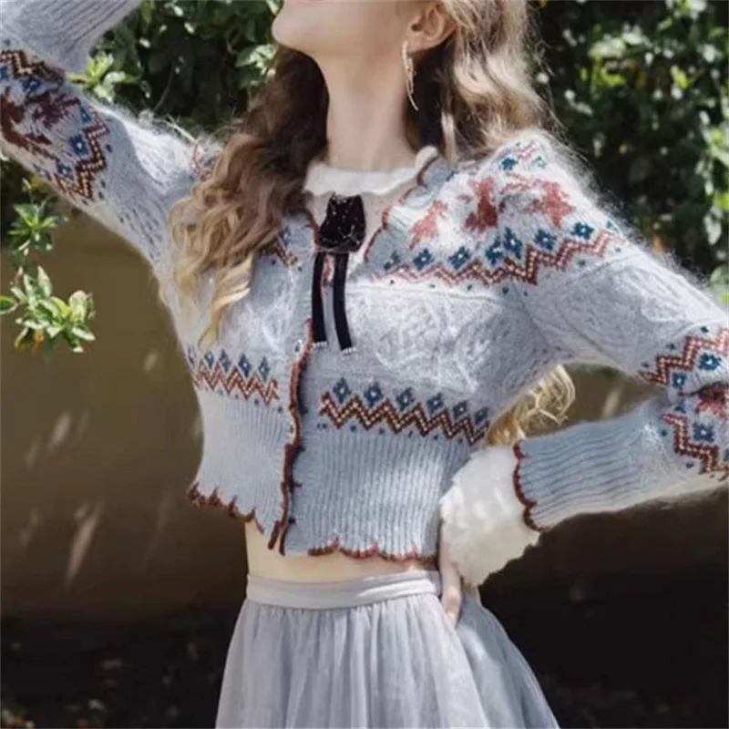 

Autumn New Product Retro Contrast Bubble Sleeves Waist Wrapped Single breasted Knitted Sweater for Women