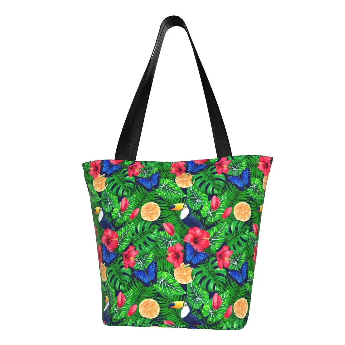 

Tropical Birds Shopper Bag Flowers And Palm Leaves Vintage Handbags Cloth Work Tote Bag Female Print Beach Bag