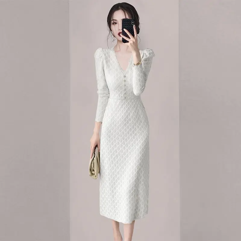 

Новинка 2023, модное элегантное женское осеннее облегающее платье с длинным рукавом и V-образным вырезом, женское модное однотонное платье T718