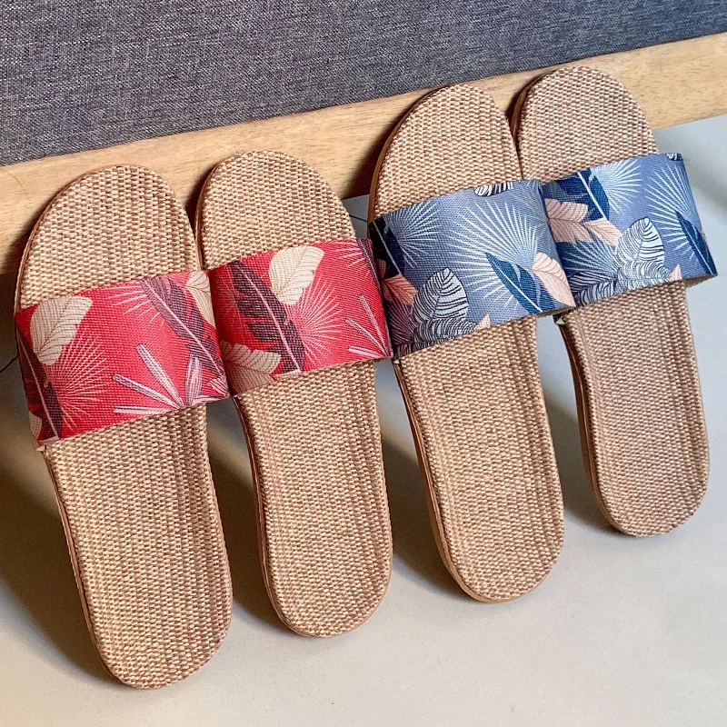 

Mntrerm Women Linen Slippers In Summer Eva Sole Creative Leaves Sweat Absorption Breathable Couples' Home Sandals