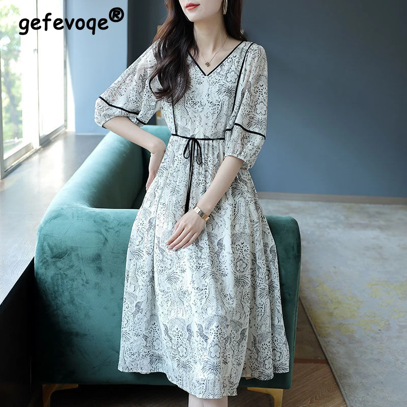 

Women New Summer Floral Print Lace Up Vintage Elegant Chiffon Dresses Korean Fashion Casual V Neck Short Sleeve Loose Midi Dress