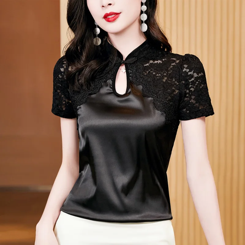 

Summer Lady Blouse New Retro Chinese style Buckle Lace Shirt Women Sexy Patchwork Silk Satin top