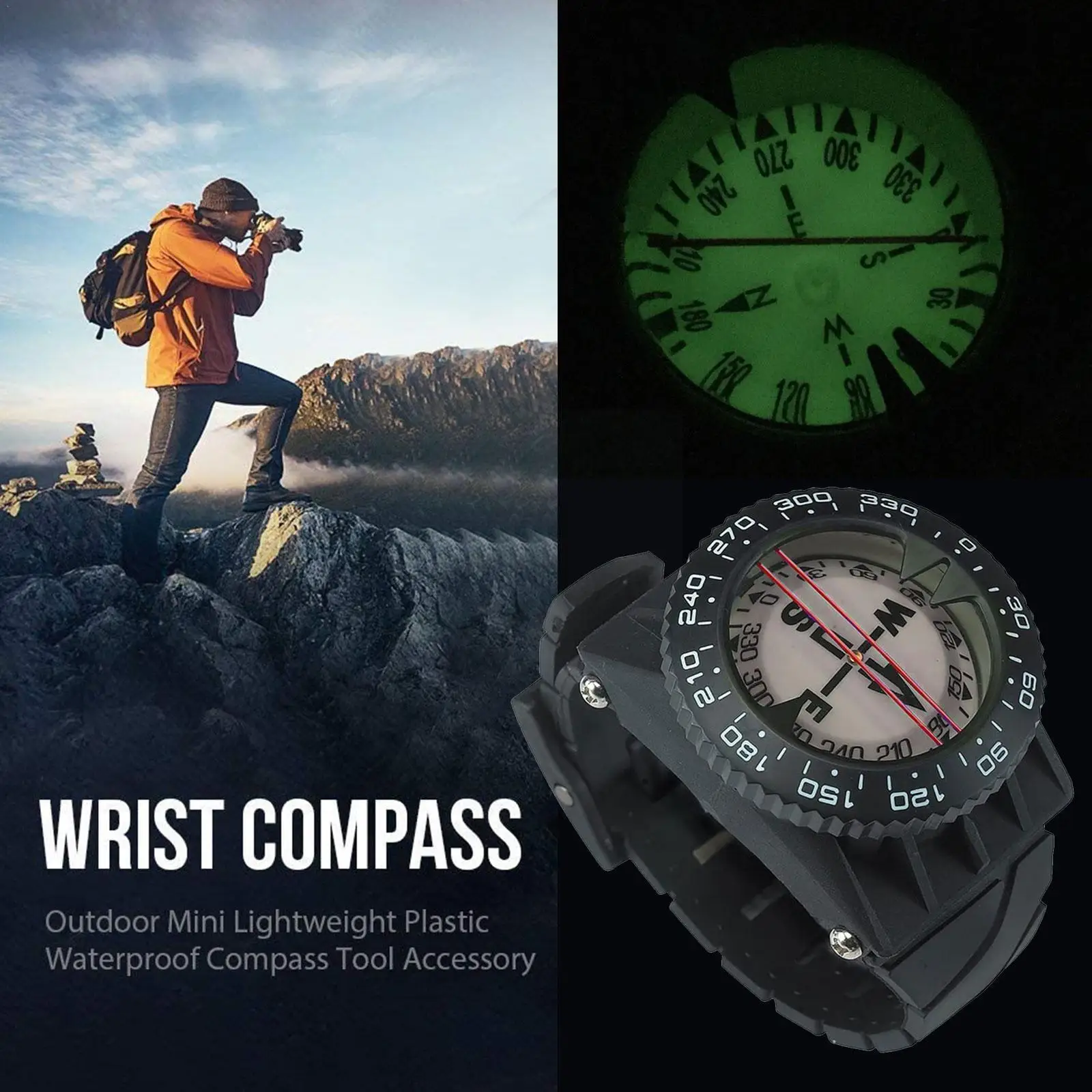 

Compass 80m Watch Balanced Waterproof Luminous Compass Scuba Survival Black Gear Gadgets Diving Underwater Camping Compass O2H9