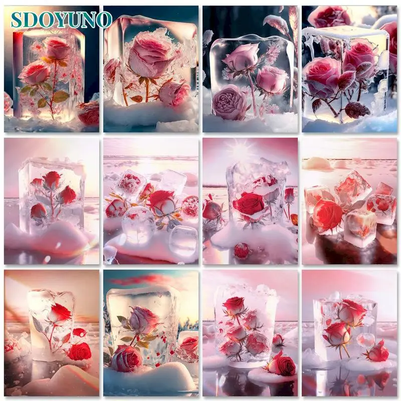 

SDOYUNO Acrylic Paint Diy Painting By Numbers With Frame Rose Red Flower Ice Drawing By Numbers Adults Crafts Picture Home Decor