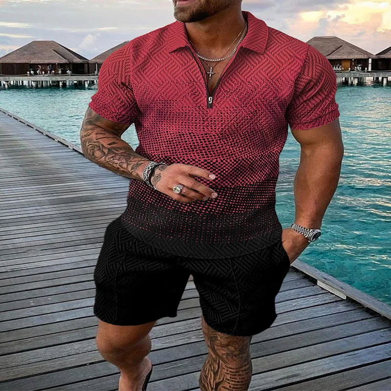 Summer Sports Style Short Sleeved Polo Shirt Beach Shorts 2 Piece Sets Tracksuit Men's 3D Printed Casual Suit