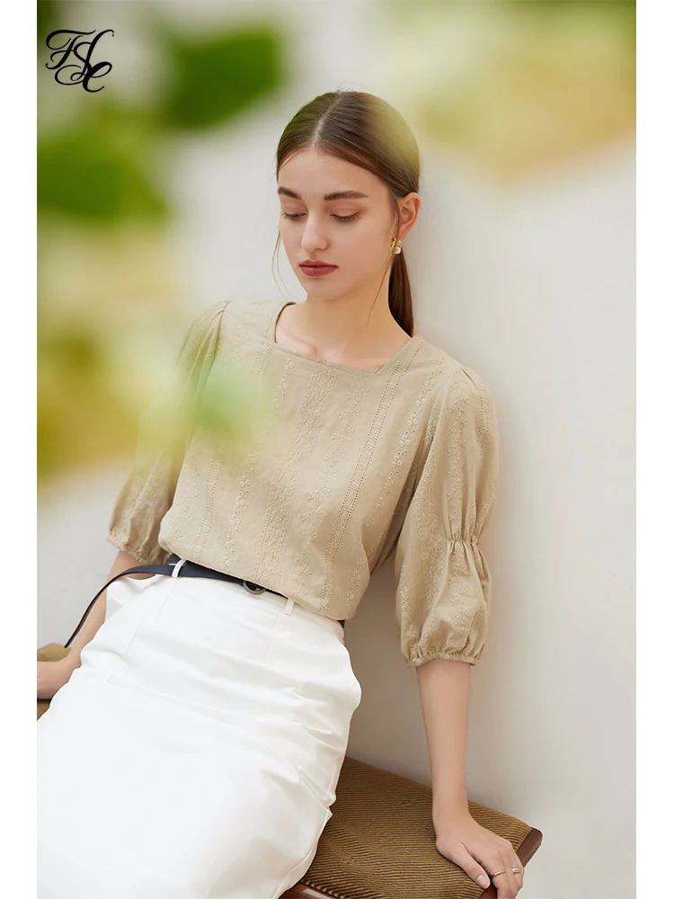 

FSLE Office Lady Square Neck Shirt Women's Summer Thin French Chic Top Design Niche 100% Cotton White Shirt Women Blouses