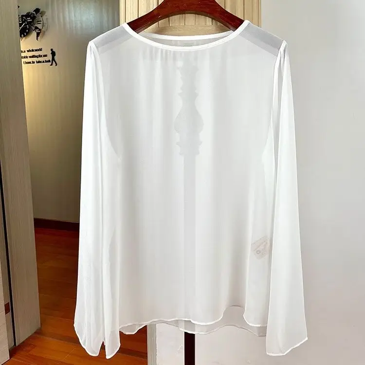 Китайская однотонная шифоновая футболка с круглым вырезом и длинными рукавами