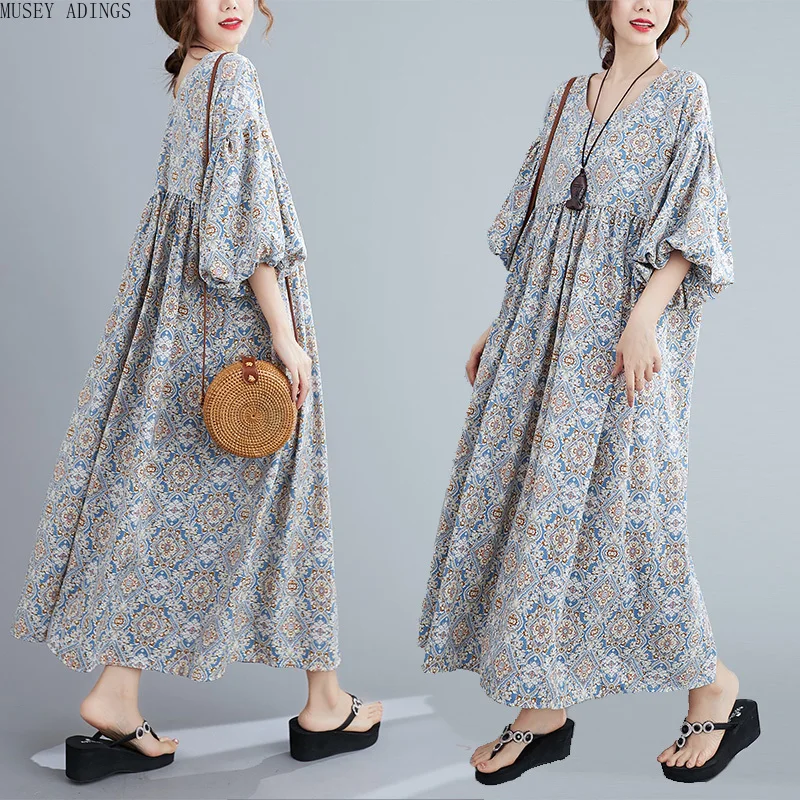 

Women's Summer Print Plus Size Dress Maternity Friendly Female V-neck Lantern Puff Sleeves Patchwork Pleated Soft Cotton Dresses