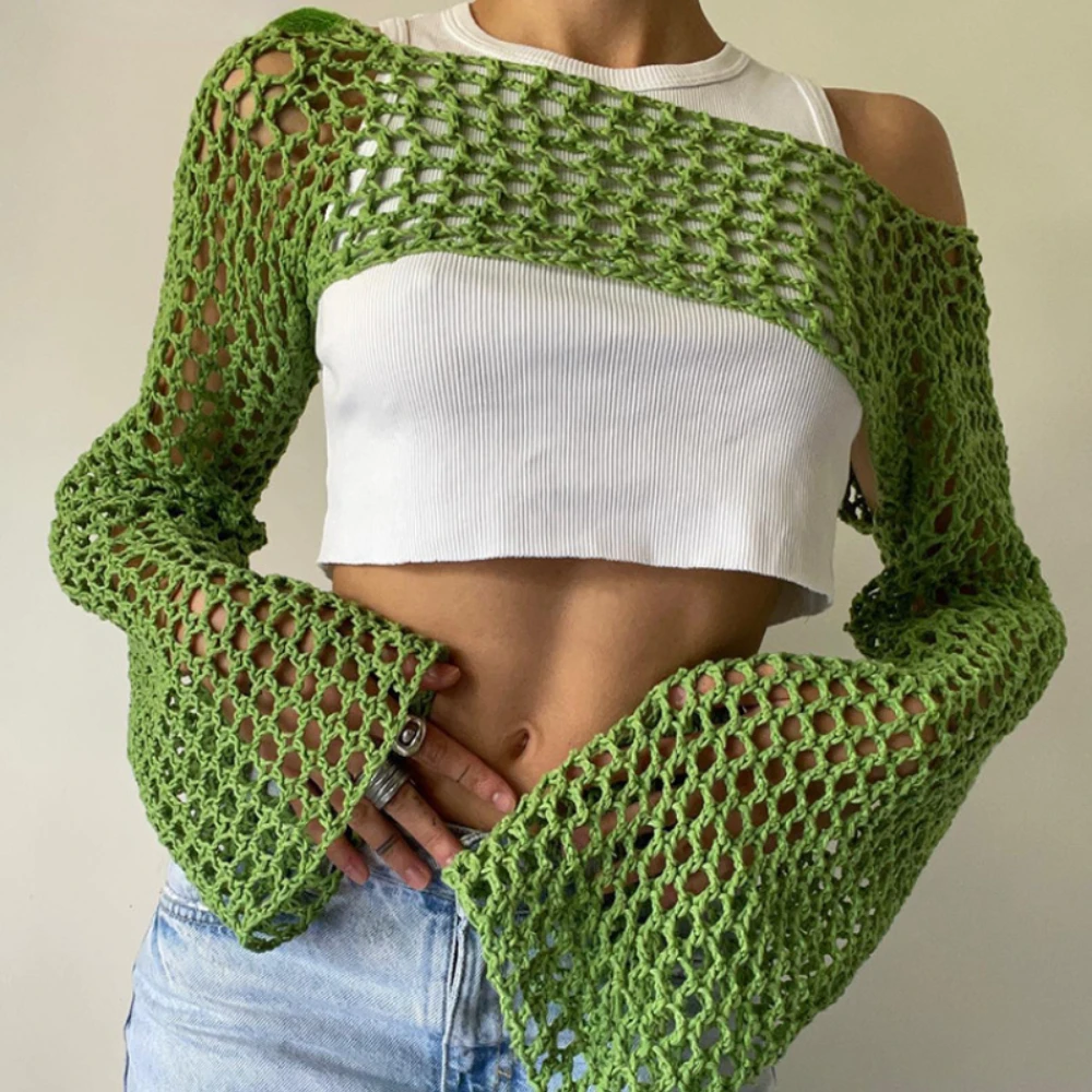 

Forefair Summer Green Long Sleeve Smock Knitted Crop Top Women Y2k Top Beach Sexy Backless Hollow Out T Shirts Party Casual