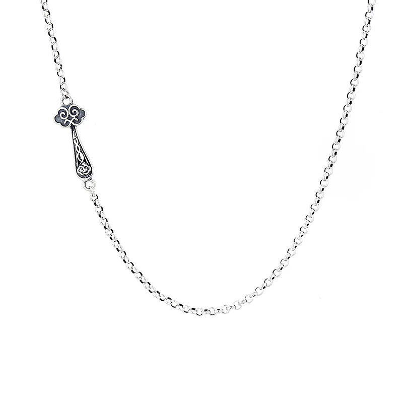 

S925 Sterling Silver Retro Charcoal Blue Gel Drop Handle Lucky Pendant Collar Chain Design New Chinese Necklace