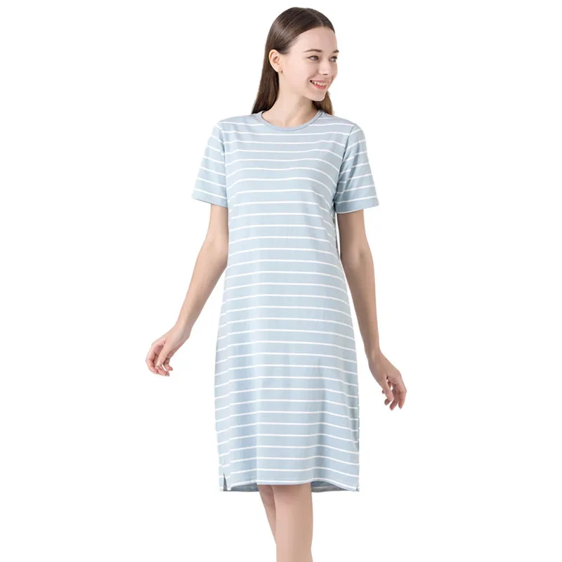 Spring Summer Women's Nightdress Striped Large Size Short Sleeve Loose Homewear Sexy Sleepwear Women Night Gown Nightwear