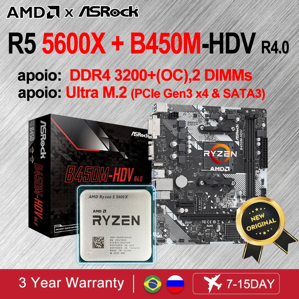 

New AMD R5 5600X kit placa mãe e processador Ryzen 5 5600X CPU + ASRock B450M-HDV R4.0 Motherboards B450 placa mae AM4 DDR4 64GB