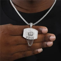 basketball shape pendant necklace silver color iced out cubic zirconia mens hip hop rock jewelry with cuban chain