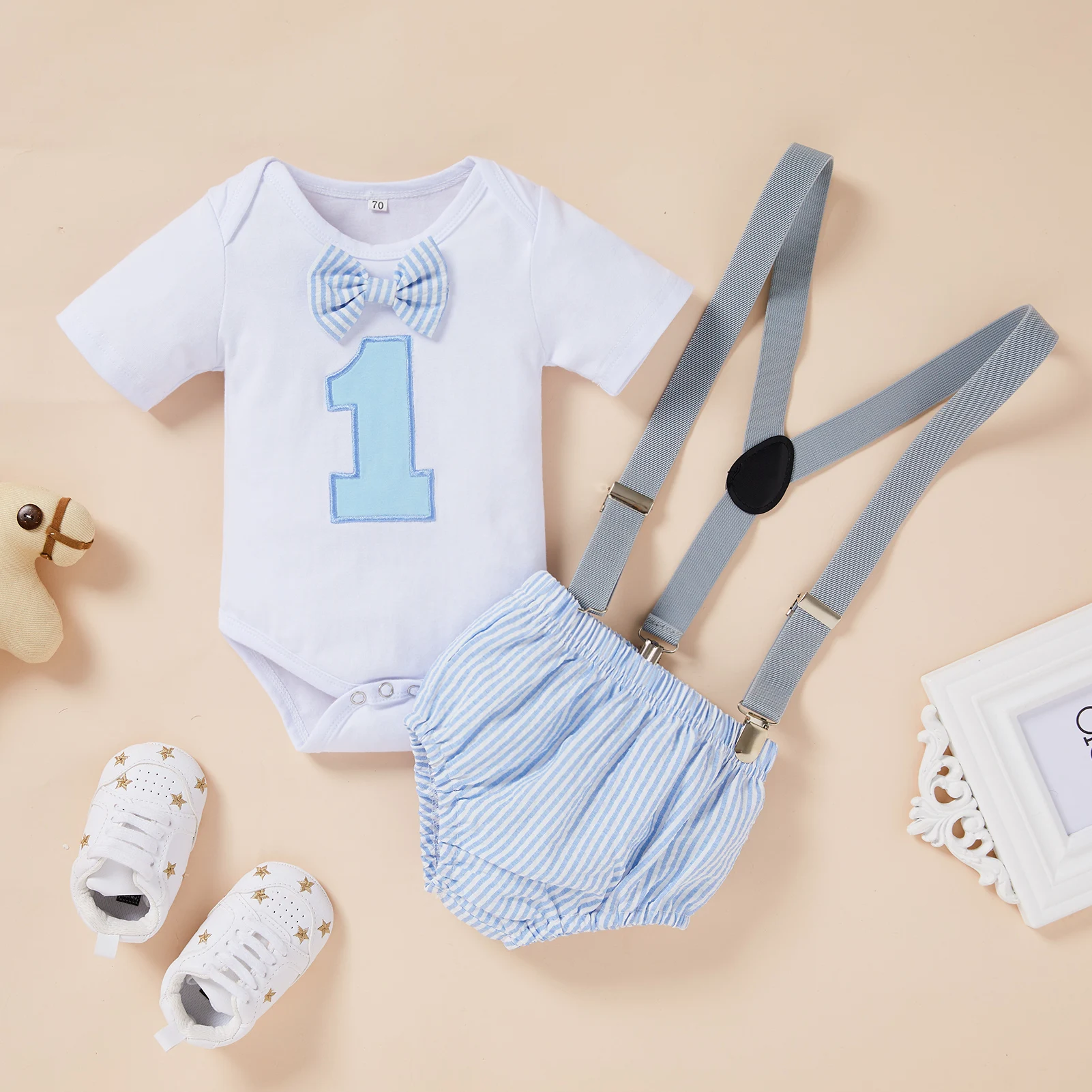 

Baby Boy First Birthday Outfits Infant Boy Birthday Suit Short Sleeve Romper Suspenders Stripe Shorts For 1st Birthday Baby Boy