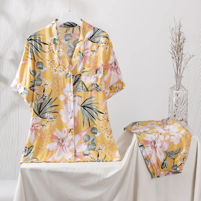 Fdfklak 2Pcs Women's Pajamas Sets Woman Pyjama Suit Summer Lapel Design Short Sleeve Trousers Set Home Clothes Floral Print