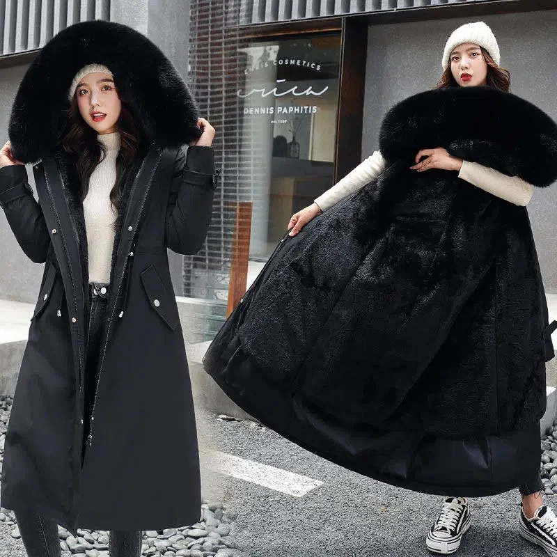 Women's Parkas 2022 New Winter Jacket Fur Lining Long Coat Thick Warm Female Hooded Fleece Padded Parka Distachable Outwear