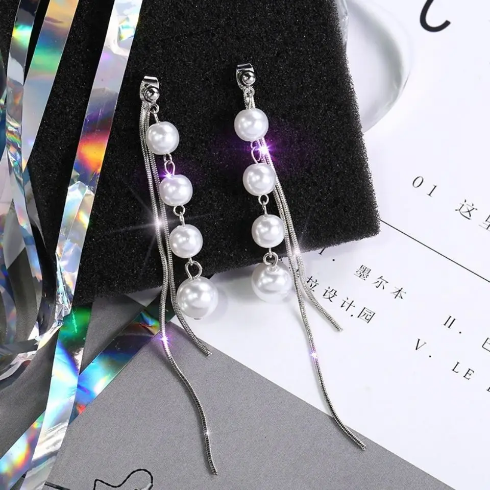 

Crystal Simulated Pearl Tassel Drop Earring 2022 Fashion Long Dangle Earrings for Women Vintage Gold Brincos Jewelry Wholesale