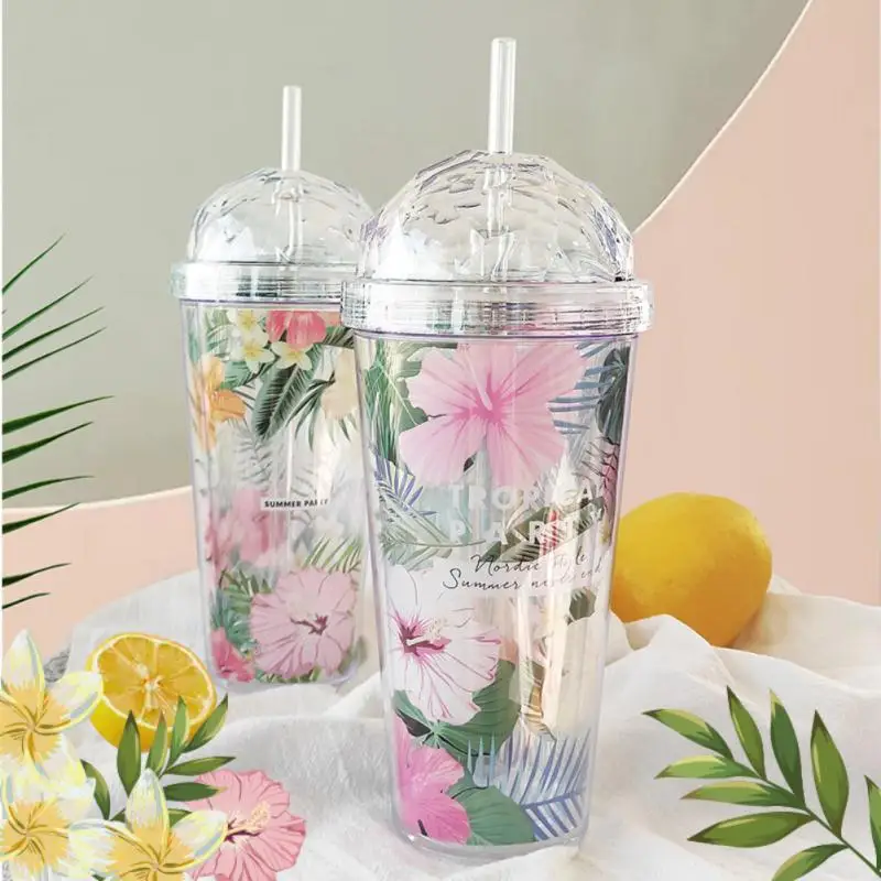 

Straw Cup For Coffee Milk Tea Cup Korean Style Creative Double Layers Plastic Water Bottle Pipe Beautiful Flower New Pattern