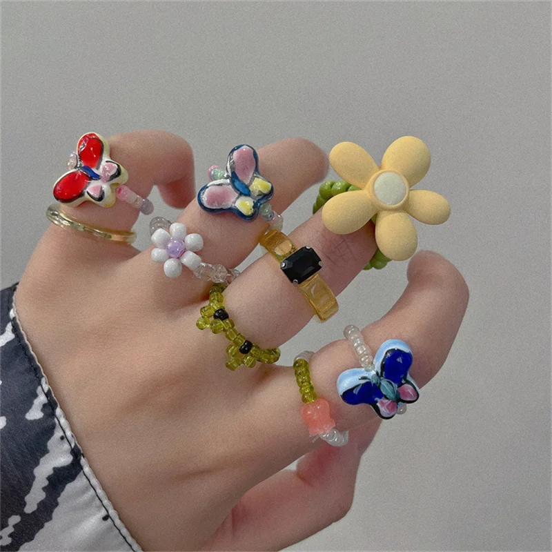 

Small Fresh Colorful Butterfly Flower Rings For Women Cute Frog Rice Bead Beading Summer Beach Jewelry Birthday Party Gifts
