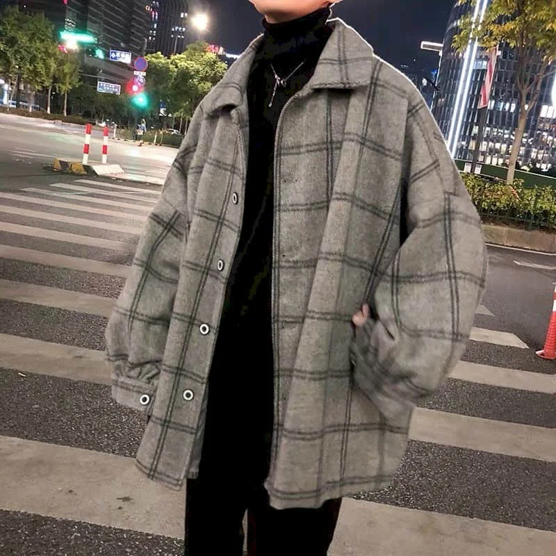 

Woolen jacket men's autumn winter new high street big velvet thicke Korean loose trend Harajuku women woolen plaid elegant coat