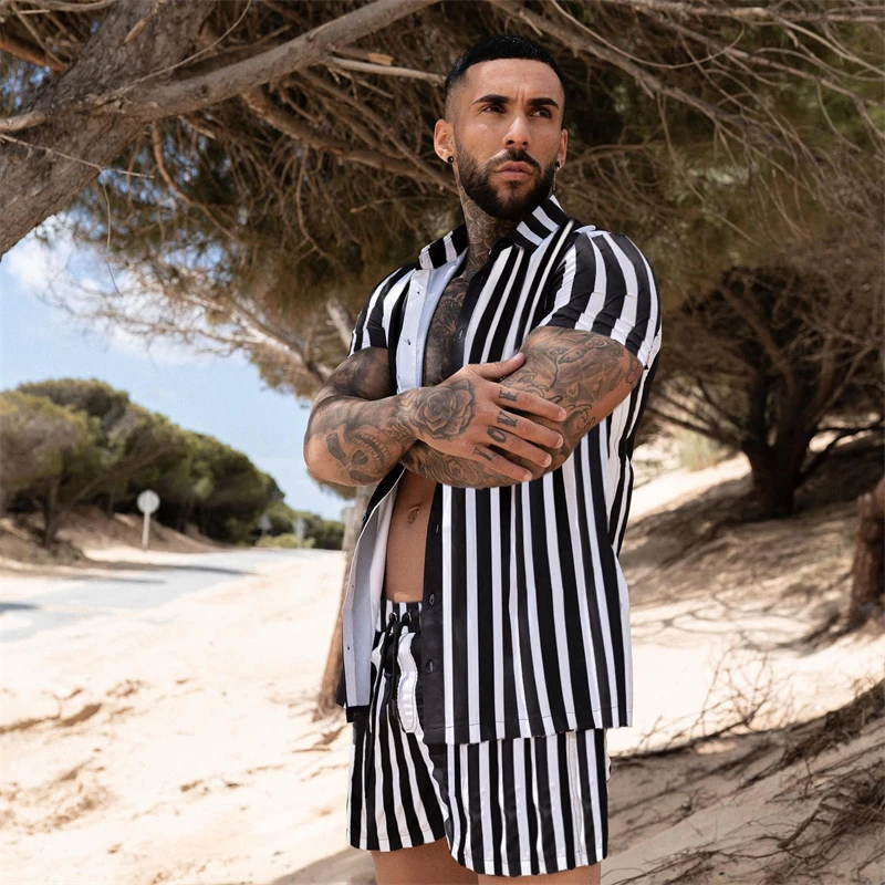 2022 summer new men's shirts 3D digital printing thin section quick-drying casual tops fashion striped beach casual wear