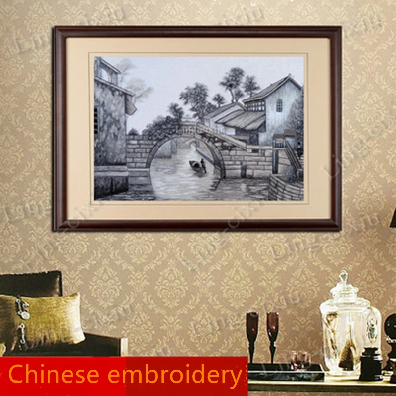 

Suzhou embroidery Jiangnan water village mural living room restaurant cafe interior decoration painting handmade embroidery gift