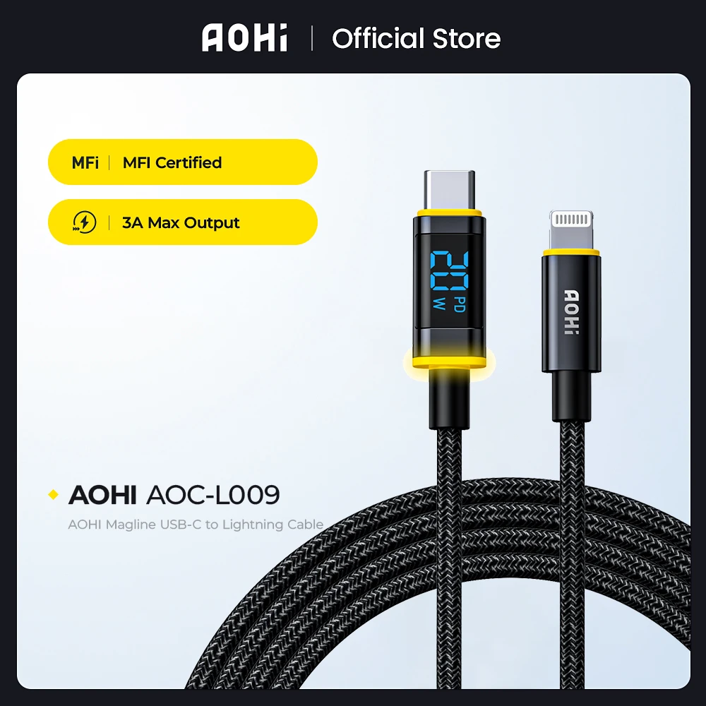 

AOHI 1.2m Magline Lightning Cable for iPhone 14 13 12 Pro Max 3A MFI Certified USB Type C Cord with Digital Display Data Line