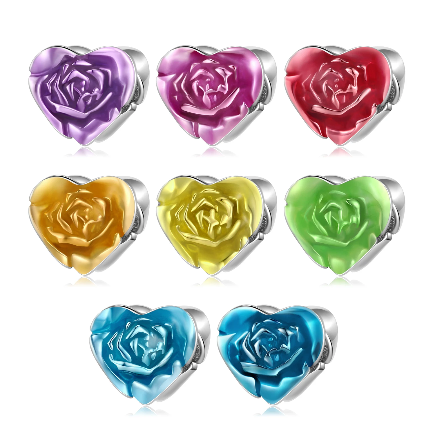 

KATAOKA Valentine's Day 925 Sterling Silver One Side Enamel Flower Eight Colors Rose Bead Charms for Women Diy