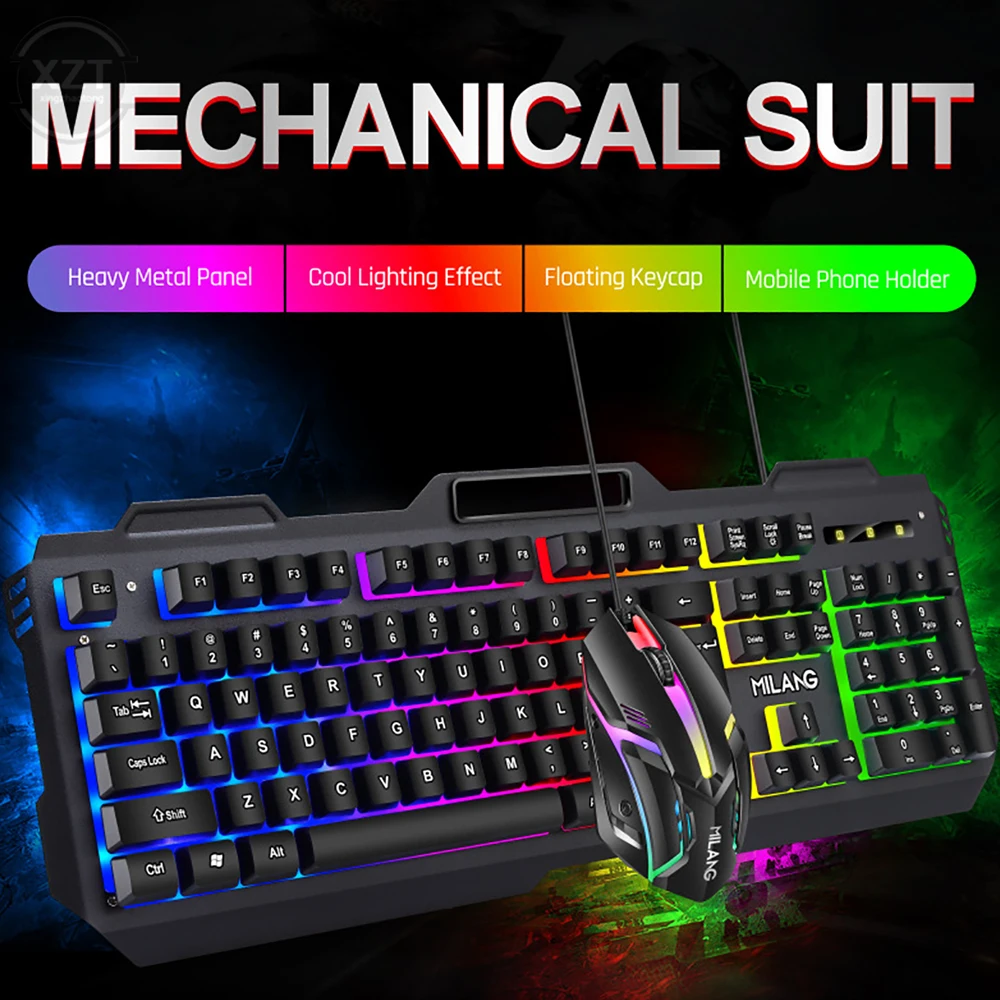 

T806 Metal Iron Plate Manipulator Feel Game Keyboard Usb Wired Colorful Luminous Suspension 104 Keycaps Keyboard Mouse Set