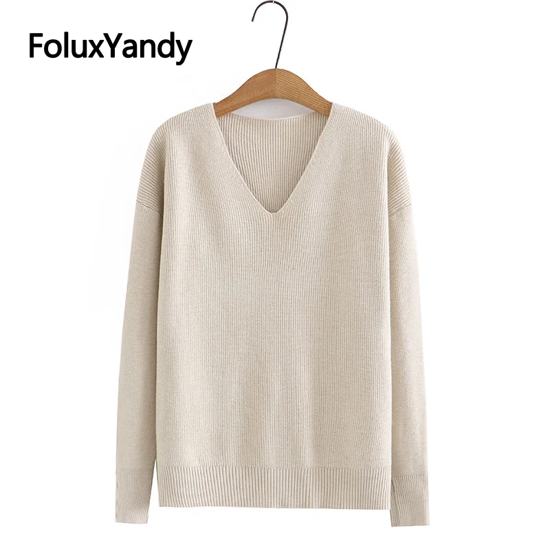 

V Neck Basic Women Sweaters 3XL 4XL Plus Size Casual Knitted Long Sleeve Sweaters Beige Black KKFY6256