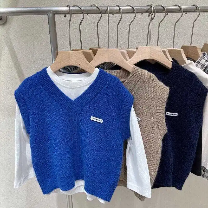 

Одежда жилет в стиле мальчиков вязаный жилет свободная Корейская куртка с V-образным вырезом шерстяная Осенняя детская одежда без рукавов