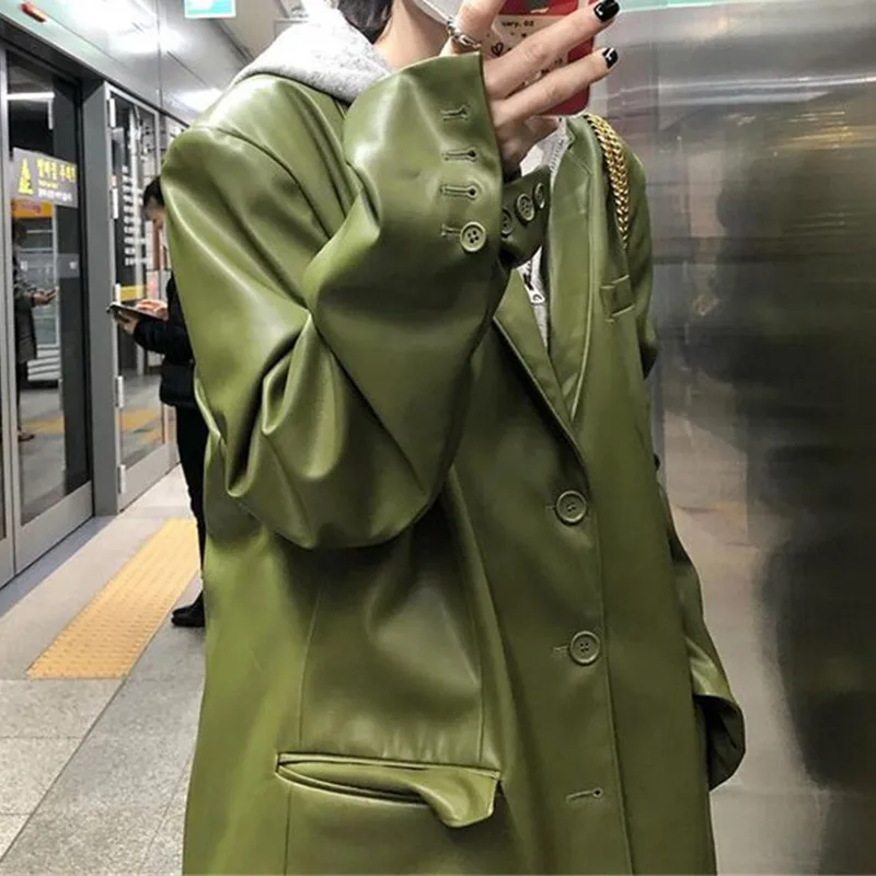 Sungtin Новые куртки-блейзеры из кожи большого размера для офисных леди для женщин весной и осенью, повседневные женские фальшивые пальто, элегантные топы.