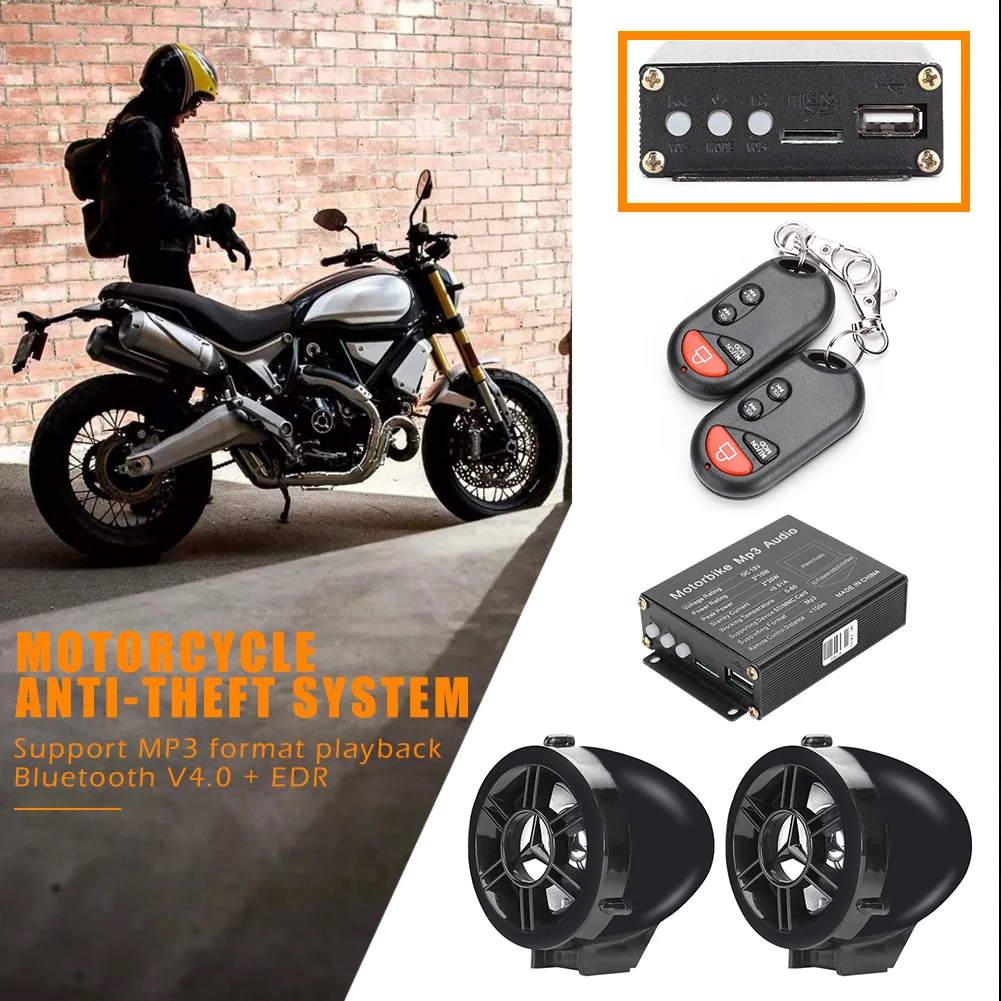 

Motorcycle Anti Theft Alarm System Remote Control Waterproof MP3 FM Radio Speaker Stereo Amplifier Sound System