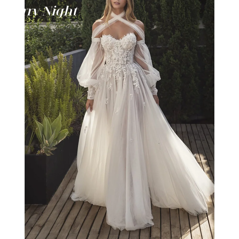 

Bohemian Halter A Line Wedding Dress Sweetheart Lace Appliques Wedding Gown Tulle Court Train Bridal Gowns vestidos de novia