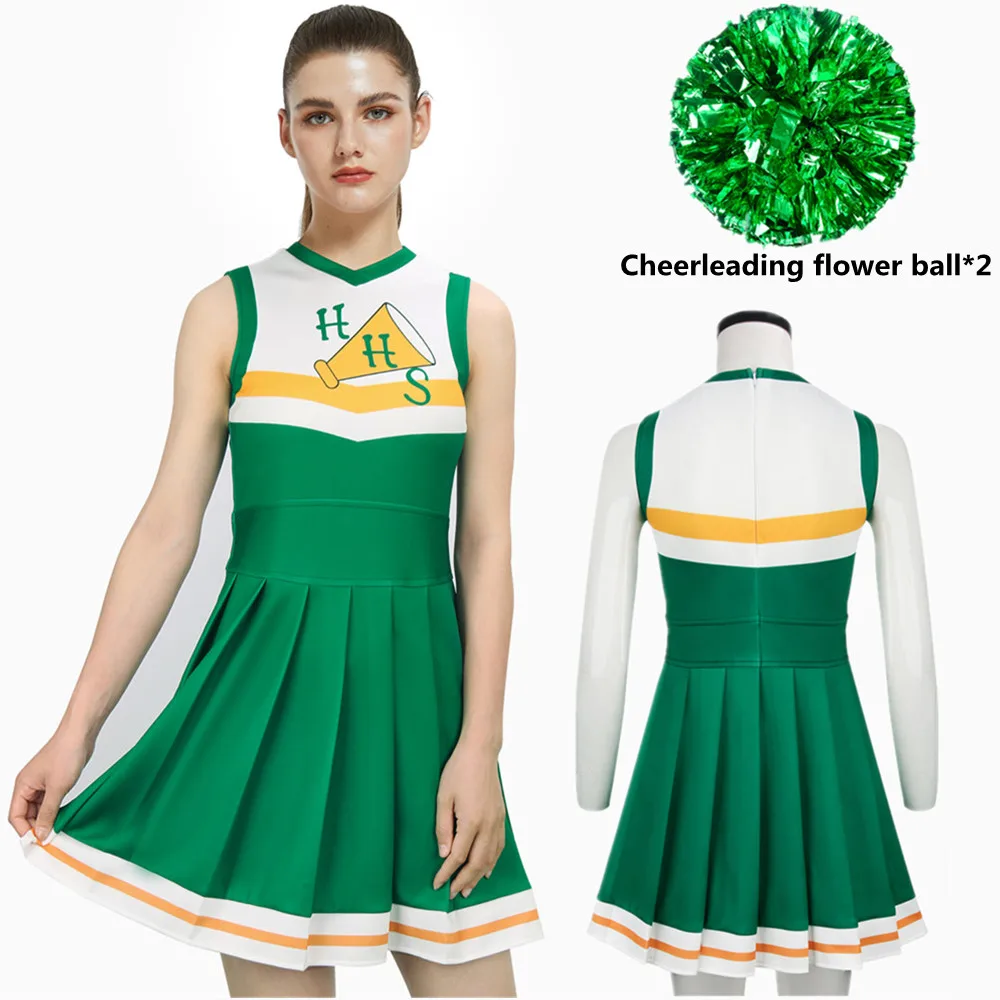 

Seaon 4 Hawkins High School Cheerleading Uniform Women Dress Green Cheerleader Pleated Skirt Flower Ball