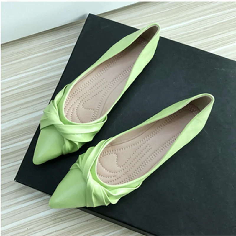 Feminino Pleated Balerinas Cinderella Novelty Flats Pointy Toe Dough Shoes Soft Leather Green Yellow Wide And Narrow Feet 32-48
